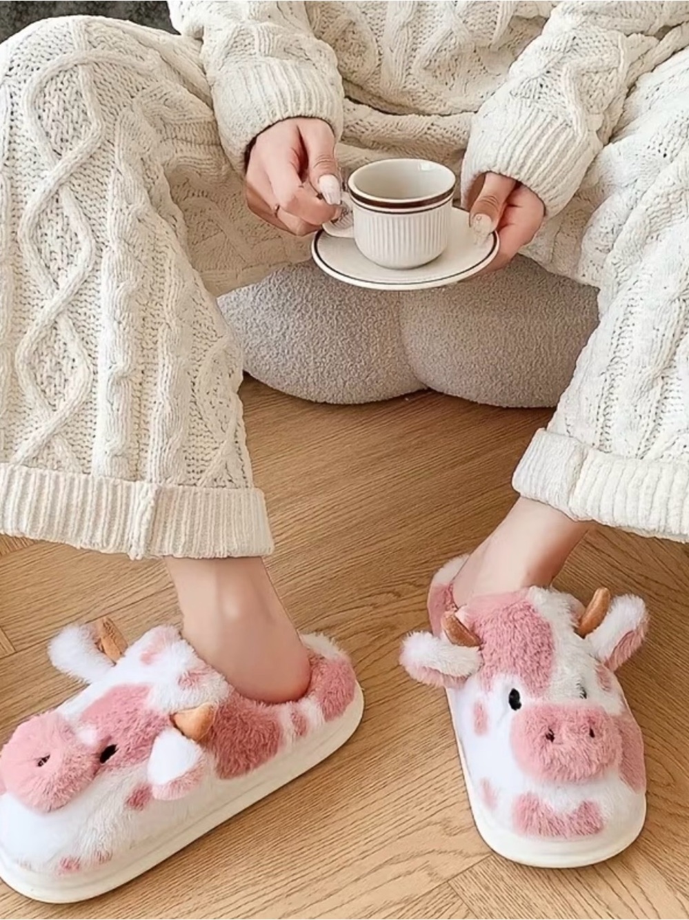 Plush Pink & White Cow Slippers New Boutique - Picture 4 of 4